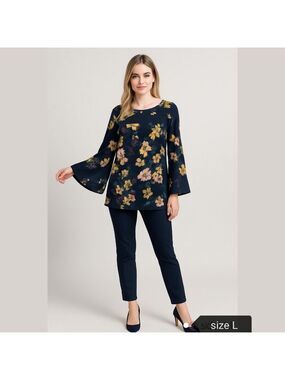 Nina Leonard Navy Blue Floral Jersey Top Large